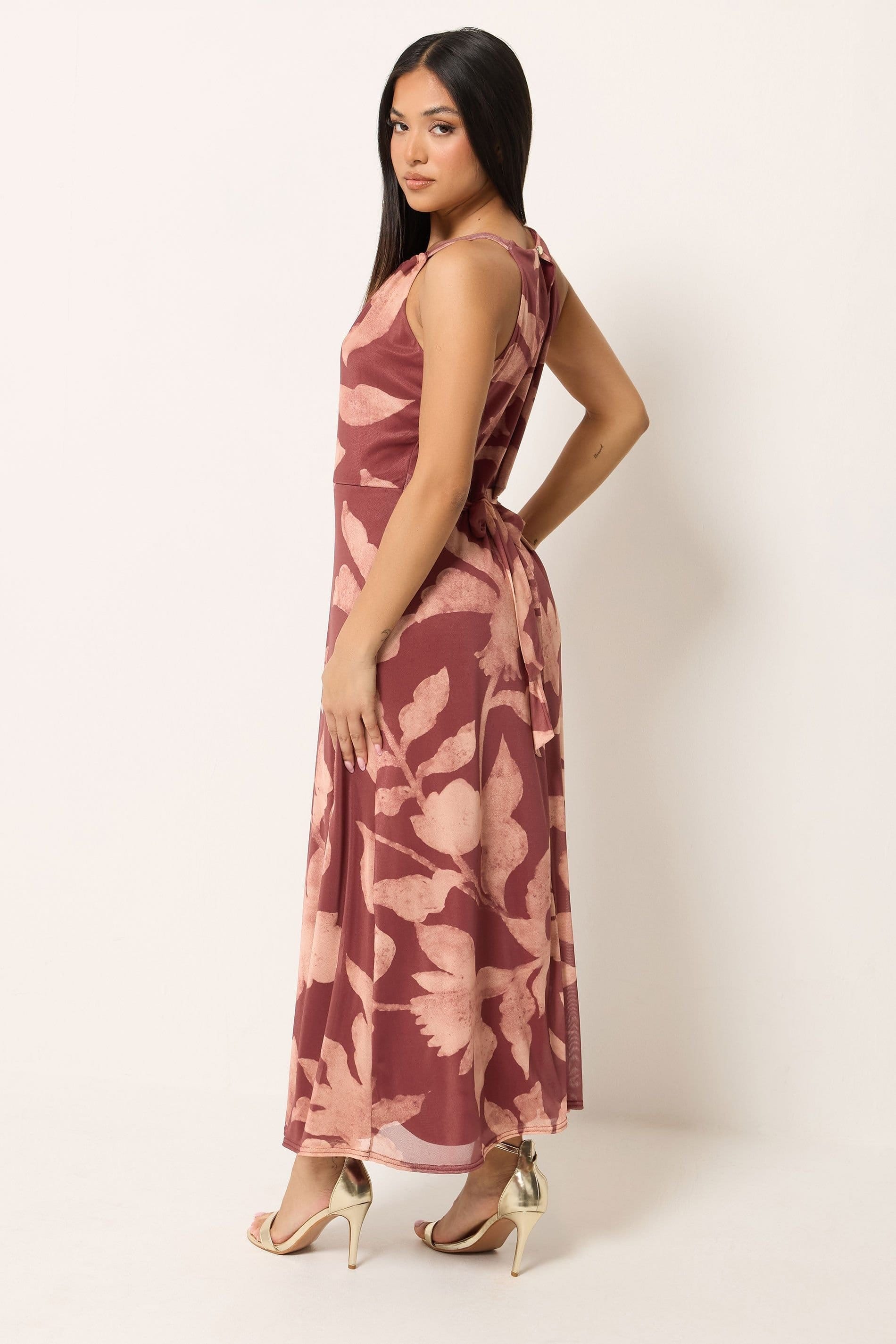 M&Co M&Co Women's Petite Mesh Halter Neck Maxi Dress in Dark Pink - 4