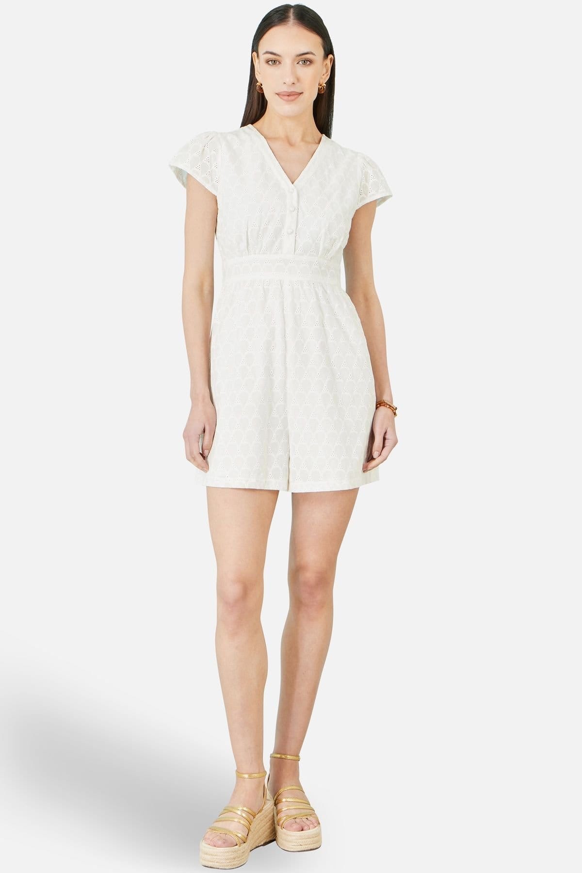 Yumi Off-White Cotton Broderie Anglaise Playsuit