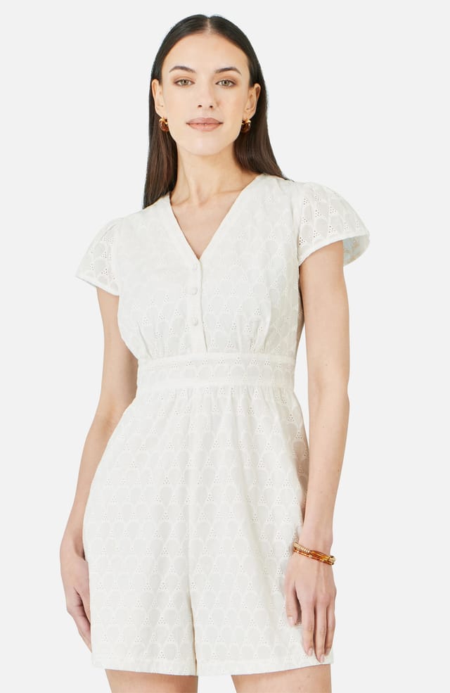 Yumi Yumi Women's White Cotton Broderie Anglaise Playsuit in Off-White - 2