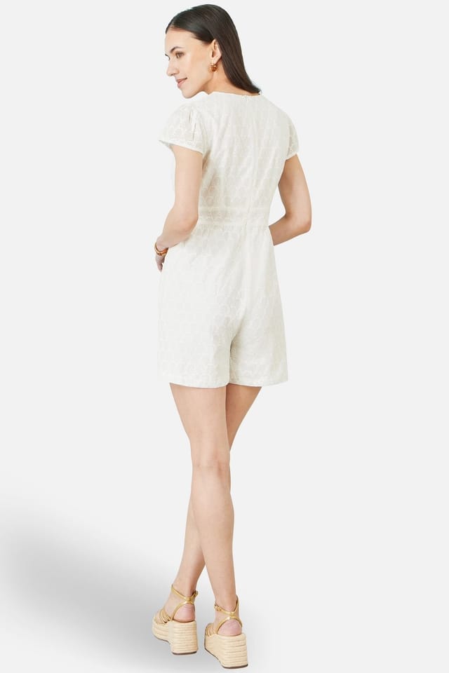 Yumi Yumi Women's White Cotton Broderie Anglaise Playsuit in Off-White - 3