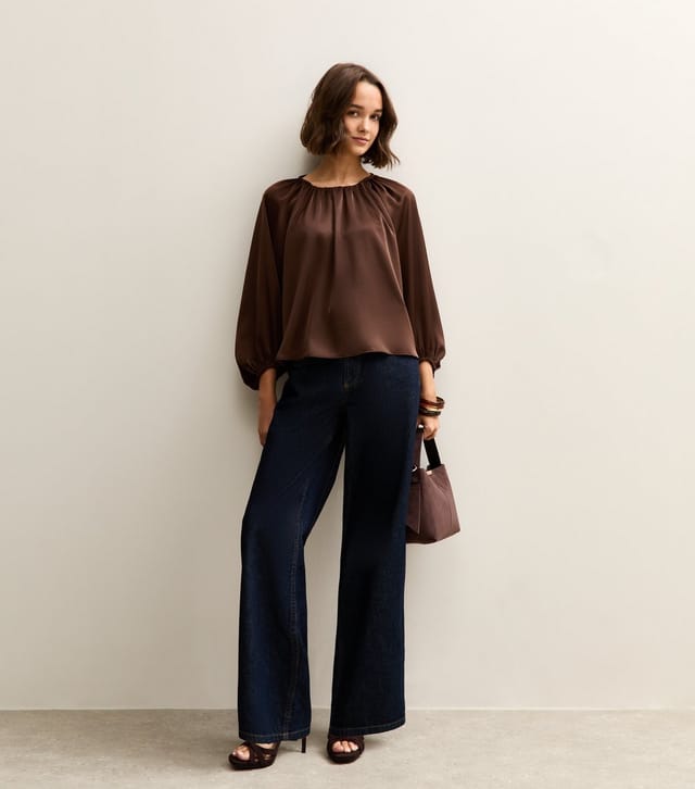 New Look Women's Brown Satin Gathered Crop Sleeve Blouse New Look - 3