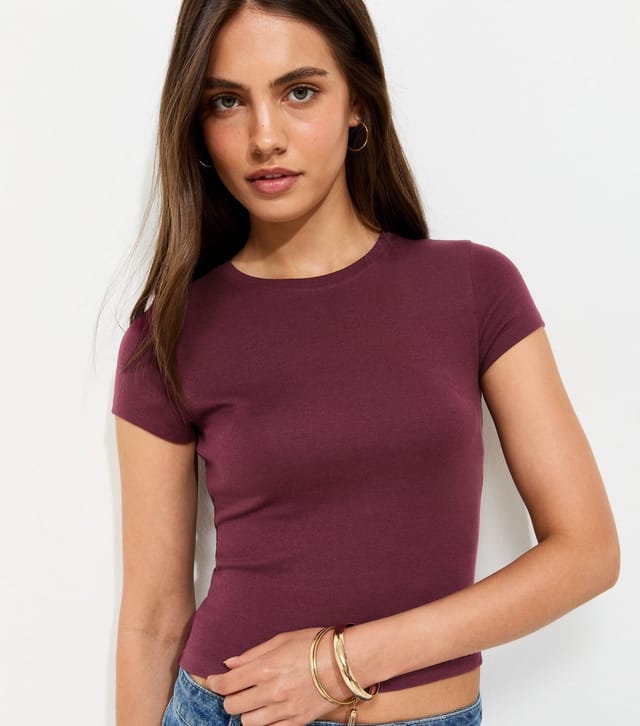 New Look Women's Dark Burgundy Cotton Rich Baby Tee T-Shirt New Look - 2