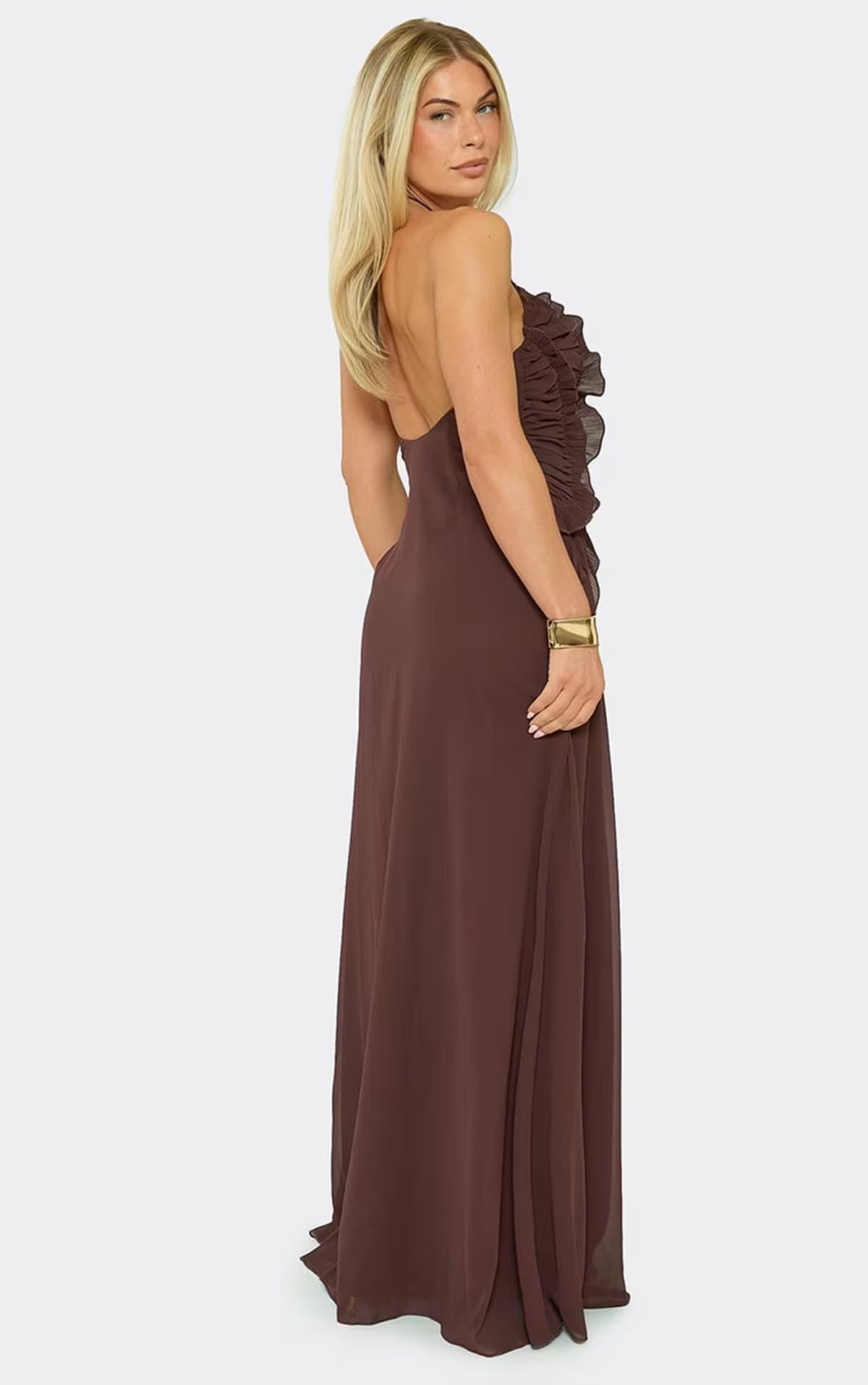EGO Halterneck Ruffle Front Maxi Dress In Chocolate Brown, Women's Size UK 6