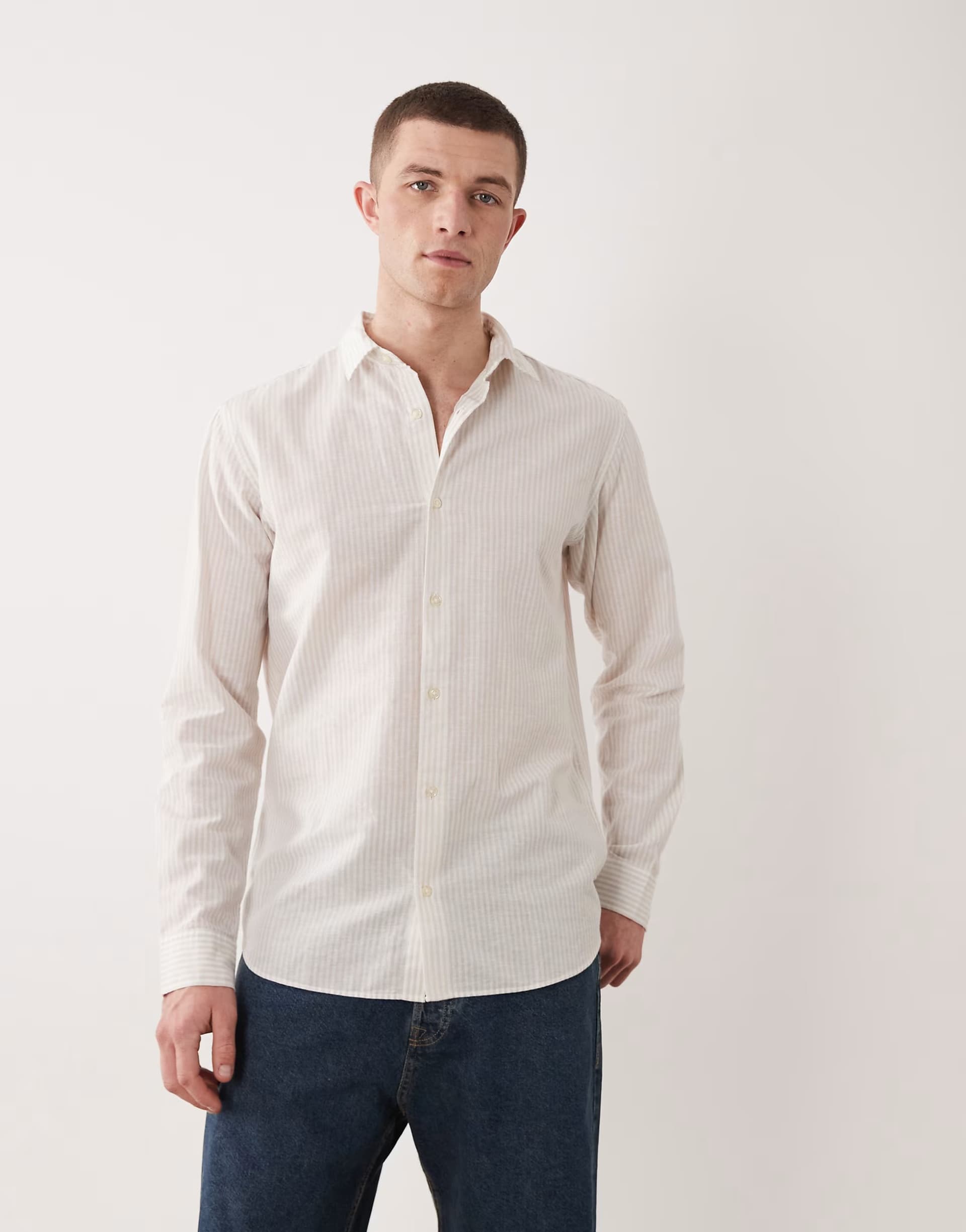 ASOS JJ Rebel linen long sleeve shirt in beige stripe