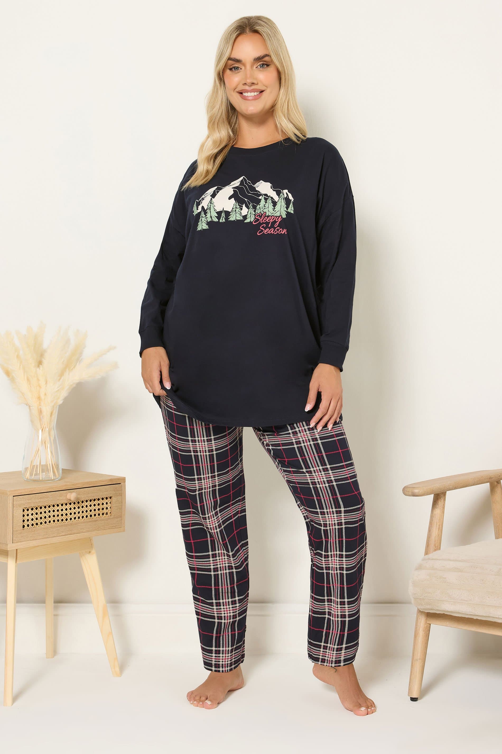 Yours Plus Size Blue 'Sleep Season' Check Pyjama Gift Set