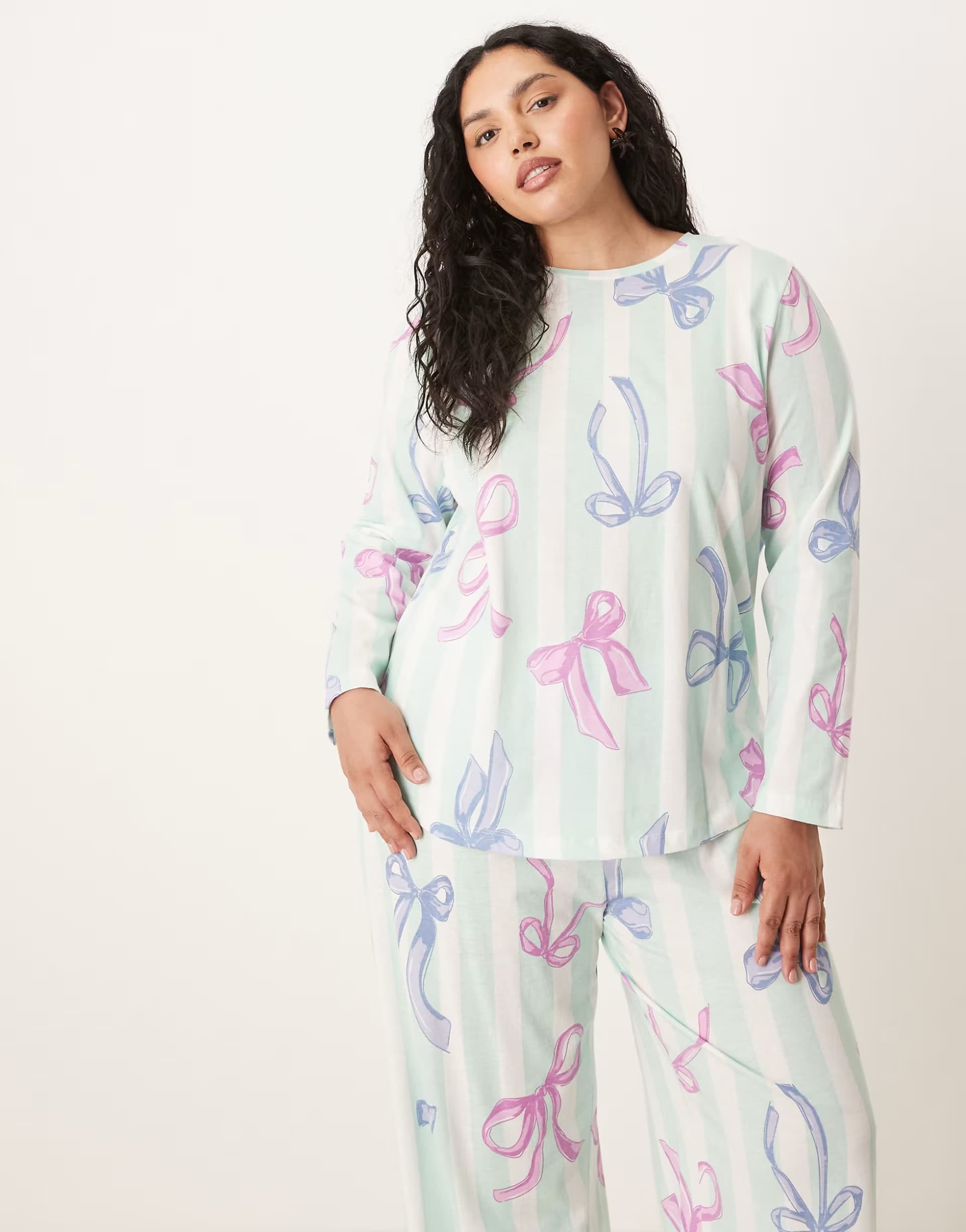 ASOS ASOS DESIGN Curve bow long sleeve top & trouser pyjama set in blue stripe