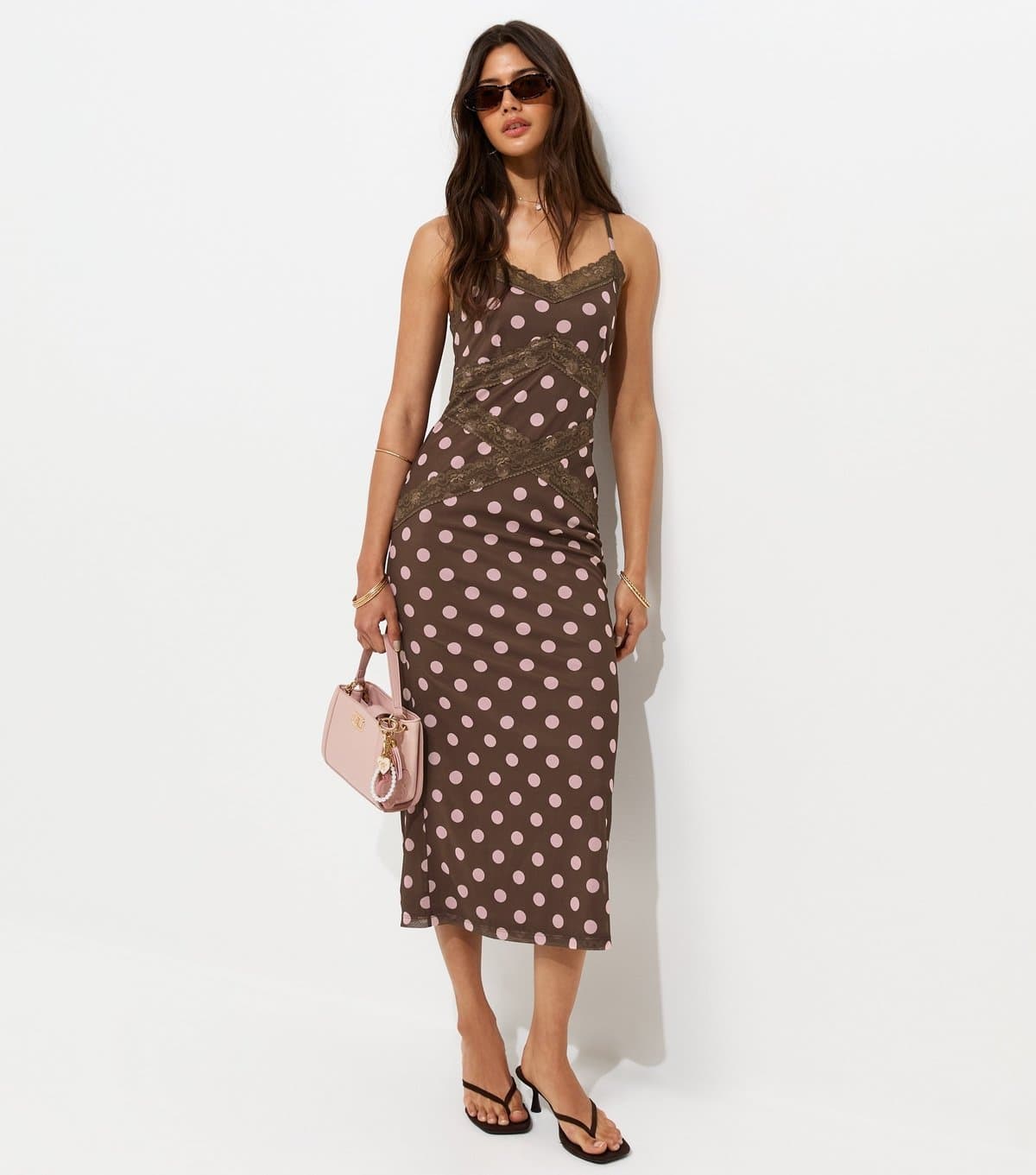 New Look Women's Brown Spot Print Lace Trim Mesh Midi Dress New Look