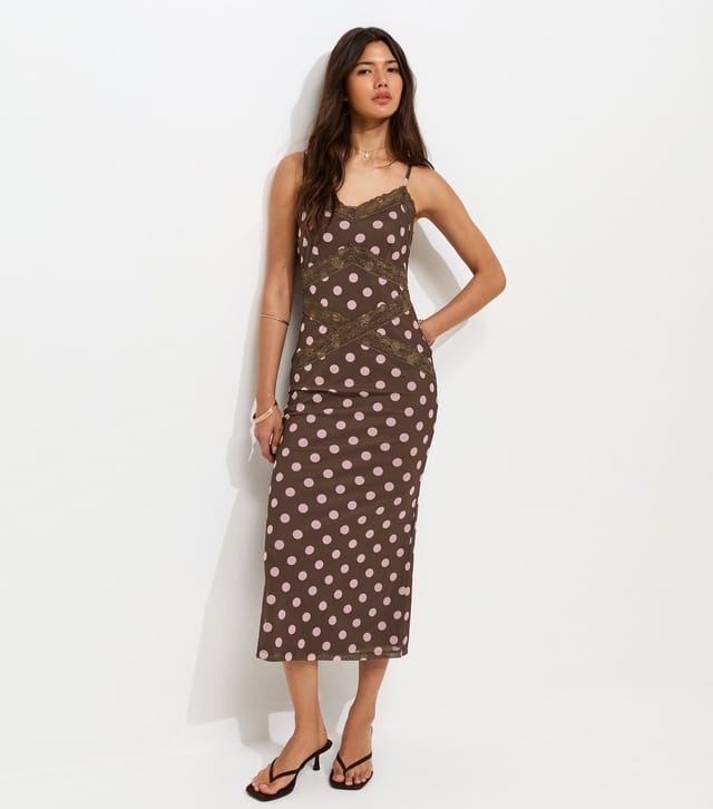 New Look Women's Brown Spot Print Lace Trim Mesh Midi Dress New Look - 2