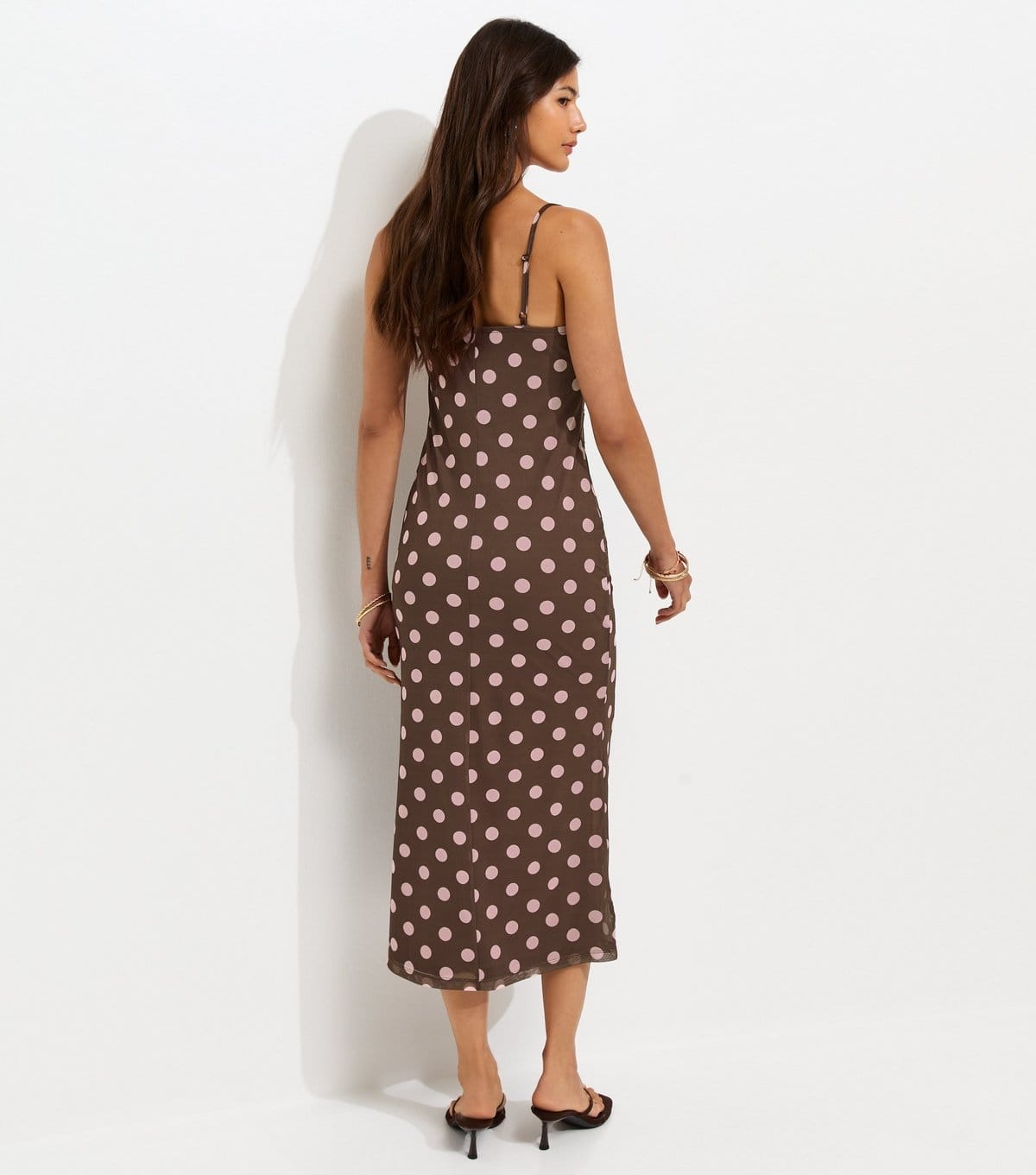 New Look Women's Brown Spot Print Lace Trim Mesh Midi Dress New Look - 4