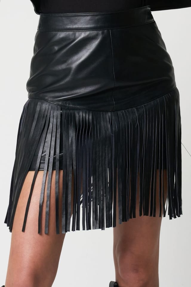 Barneys Originals Barneys Originals Women's Real Leather Fringe Mini Skirt in Black - 3