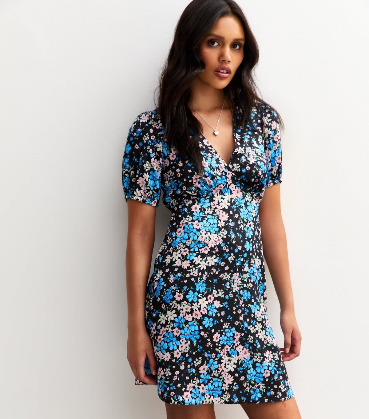 New Look Women's Black Satin Floral Print Mini Dress New Look