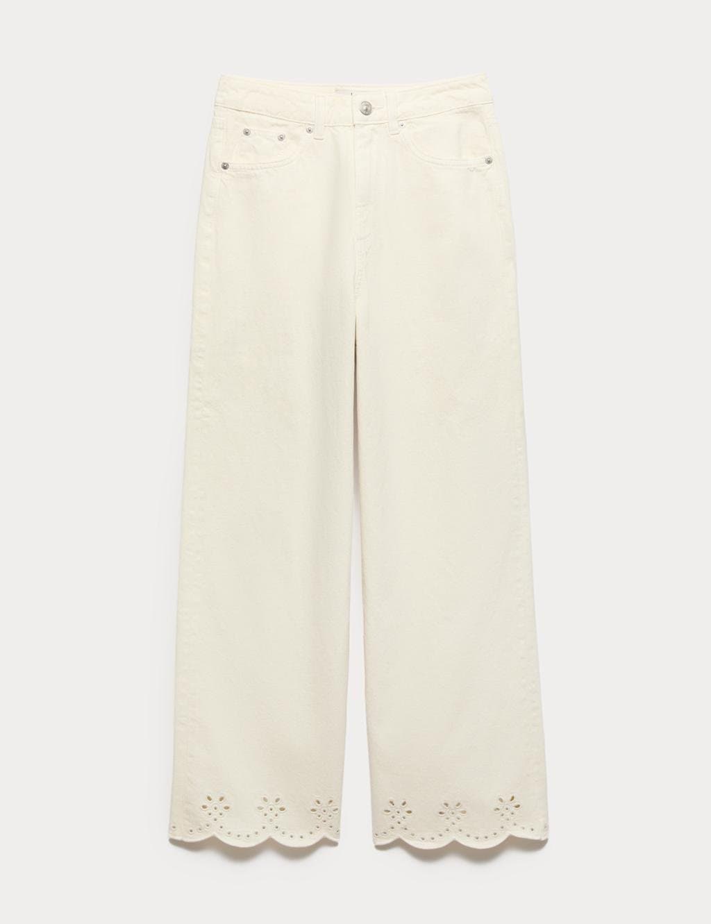 Marks & Spencer M&S High Waisted Broderie Wide Leg Cropped Jeans in Soft White