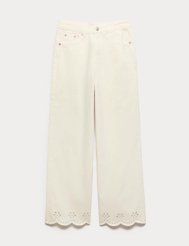 Marks & Spencer M&S High Waisted Broderie Wide Leg Cropped Jeans Soft White - 2