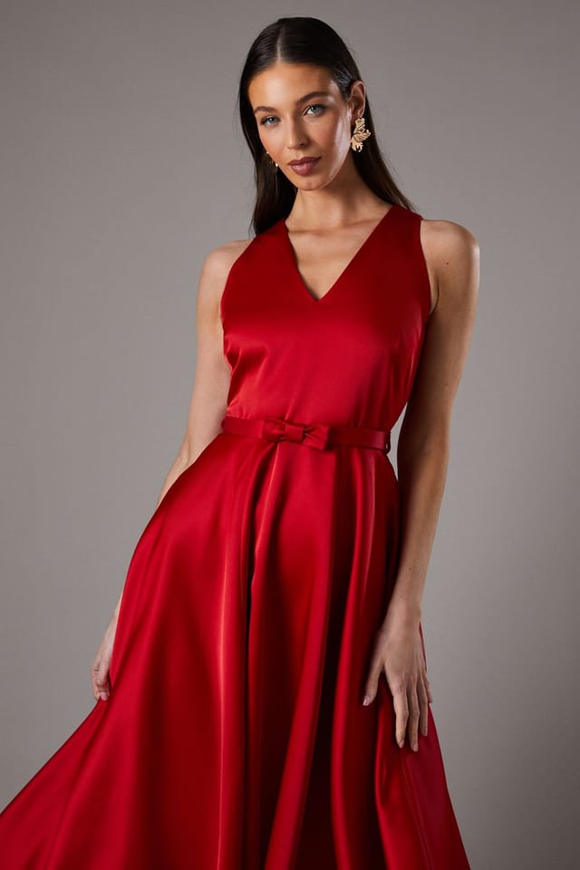 Coast Coast Women's Bow Trim V Neck Volume Skirt Midi Dress in Red - 2