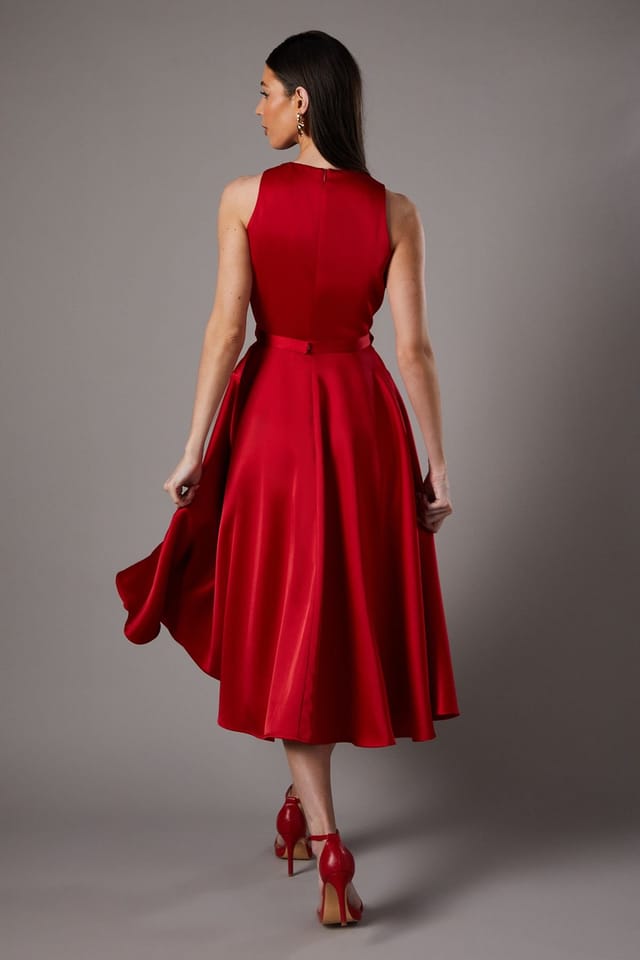 Coast Coast Women's Bow Trim V Neck Volume Skirt Midi Dress in Red - 3
