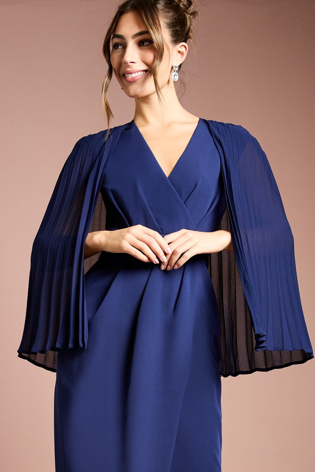 Coast Coast Women's Pleated Cape Detail Crepe Pencil Dress in Navy - 4
