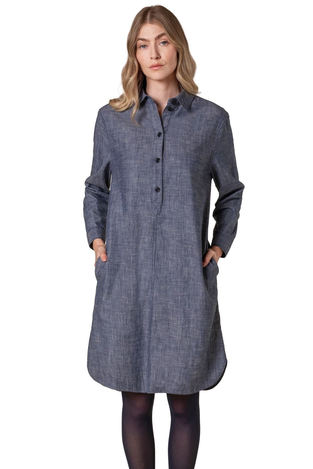 Celtic & Co Celtic & Co Women's Chambray Long Sleeve Knee Length Dress in Mid Blue