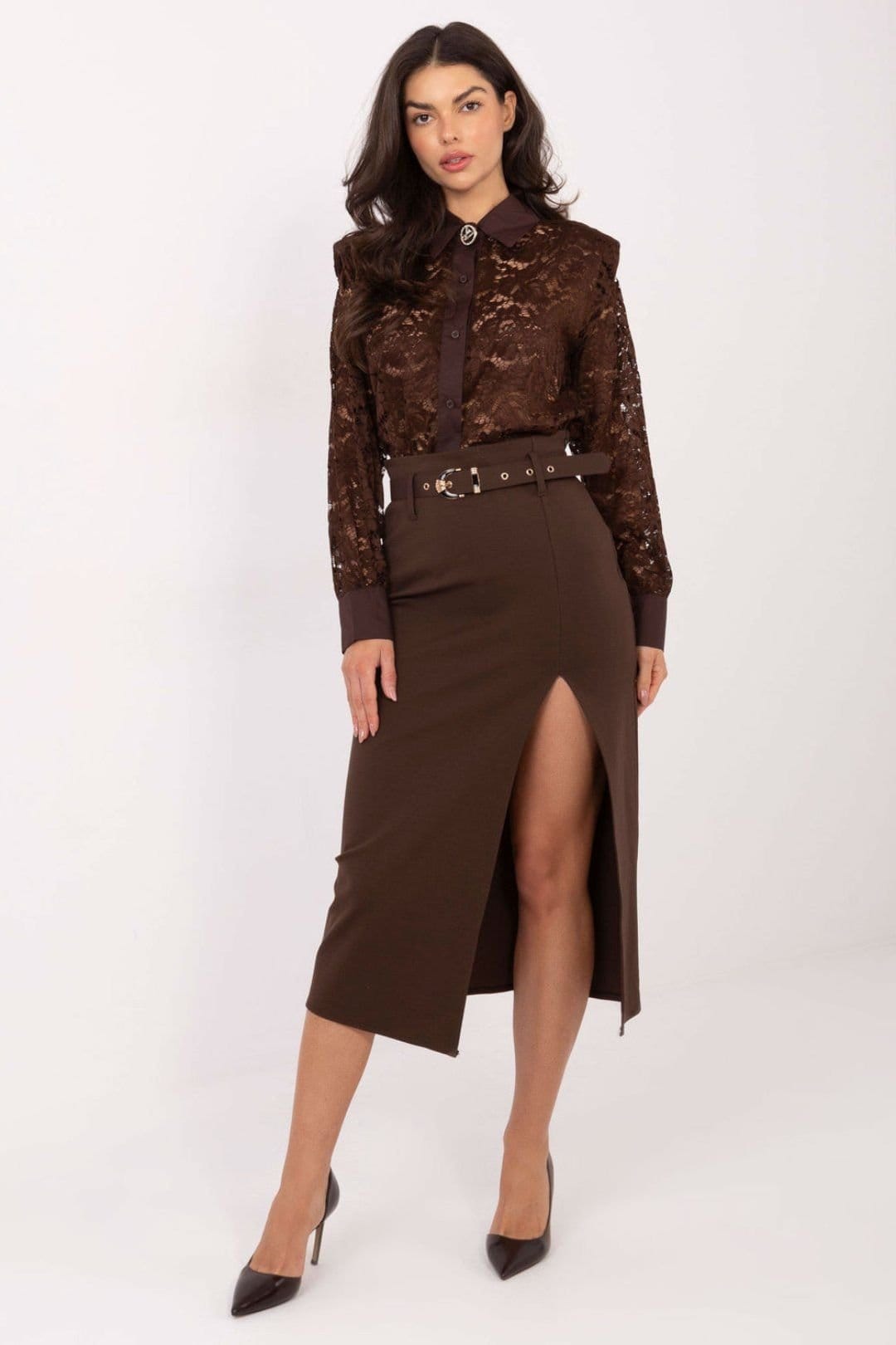 Love Lace Brown Viscose Nylon Midi Skirt with Front Slit