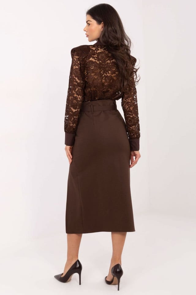 Love Lace Love Lace Women's Viscose Nylon Midi Skirt with Front Slit in Brown - 3