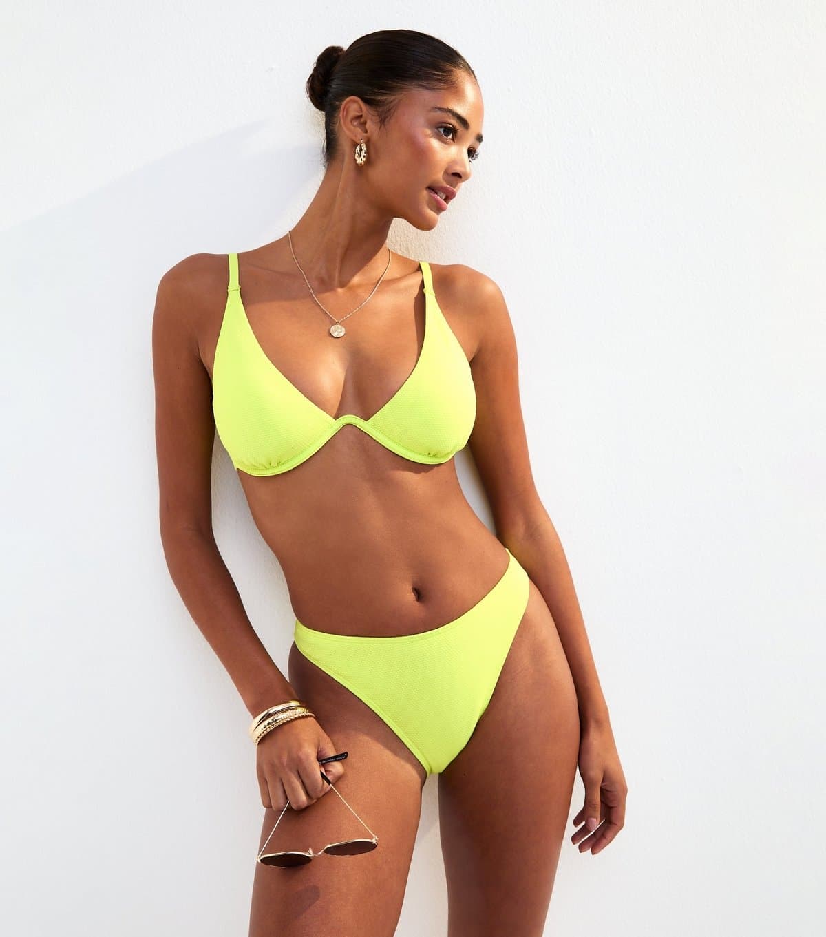 New Look Women's Bright Yellow Textured High Waist Bikini Briefs New Look