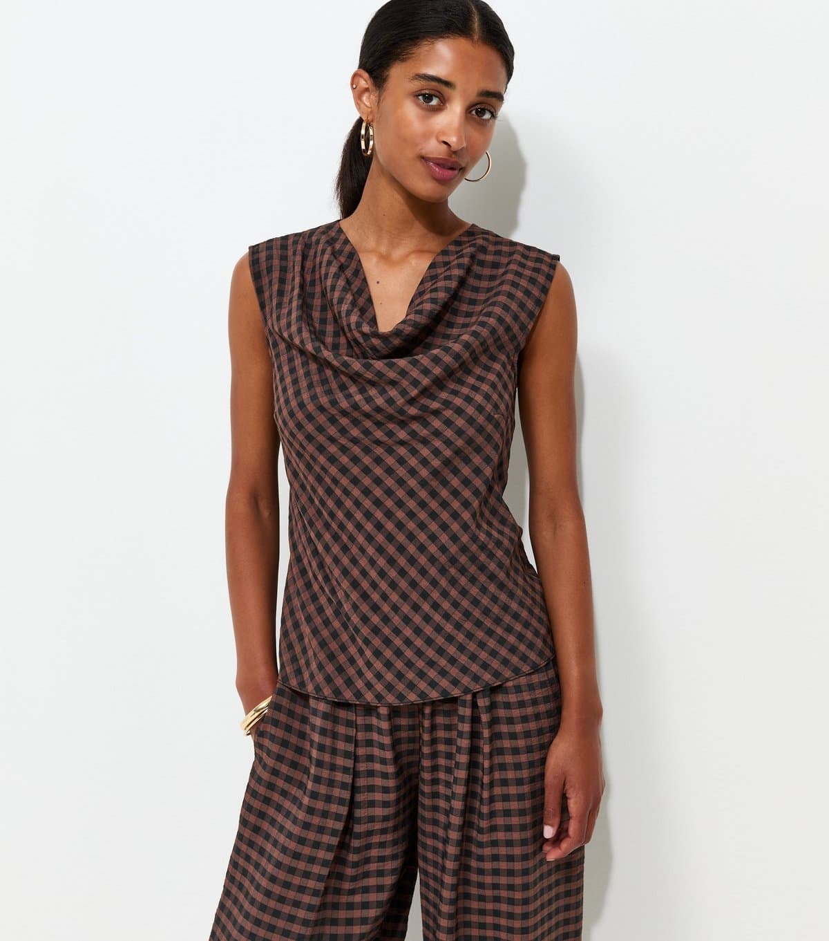 New Look Women's Brown Check Pattern Cowl Neck Woven Top New Look