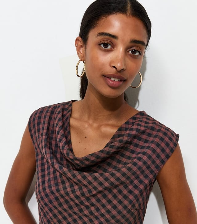 New Look Women's Brown Check Pattern Cowl Neck Woven Top New Look - 2