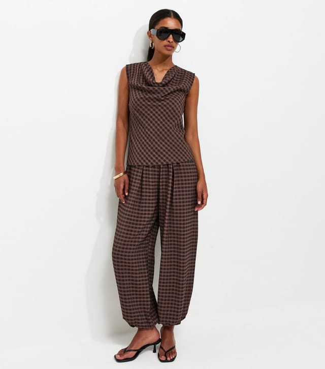 New Look Women's Brown Check Pattern Cowl Neck Woven Top New Look - 3