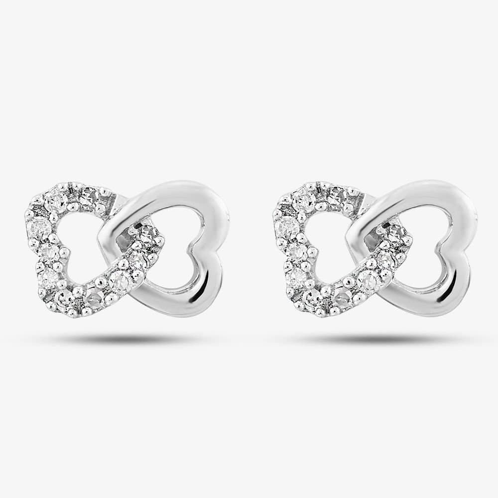 T.H.Baker T.H.Baker Women's 9ct White Gold & Pave Diamond Double Open Hearts Stud Earrings PE05599 in Silver