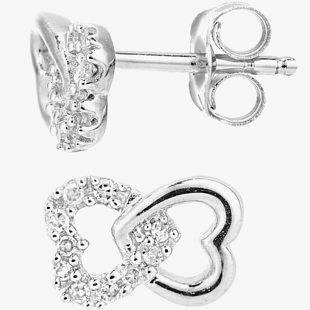 T.H.Baker T.H.Baker Women's 9ct White Gold & Pave Diamond Double Open Hearts Stud Earrings PE05599 in Silver - 3
