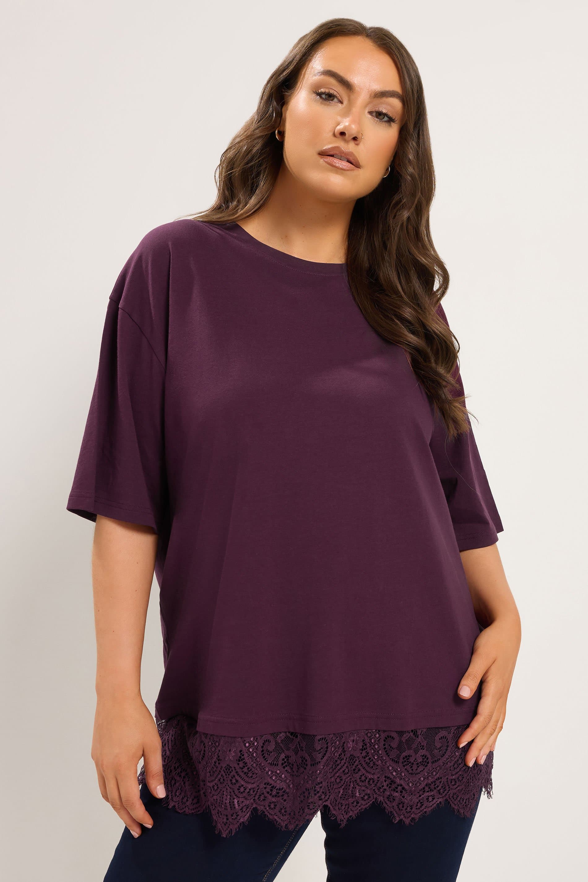 Yours Plus Size Lace Hem Purple Tshirt