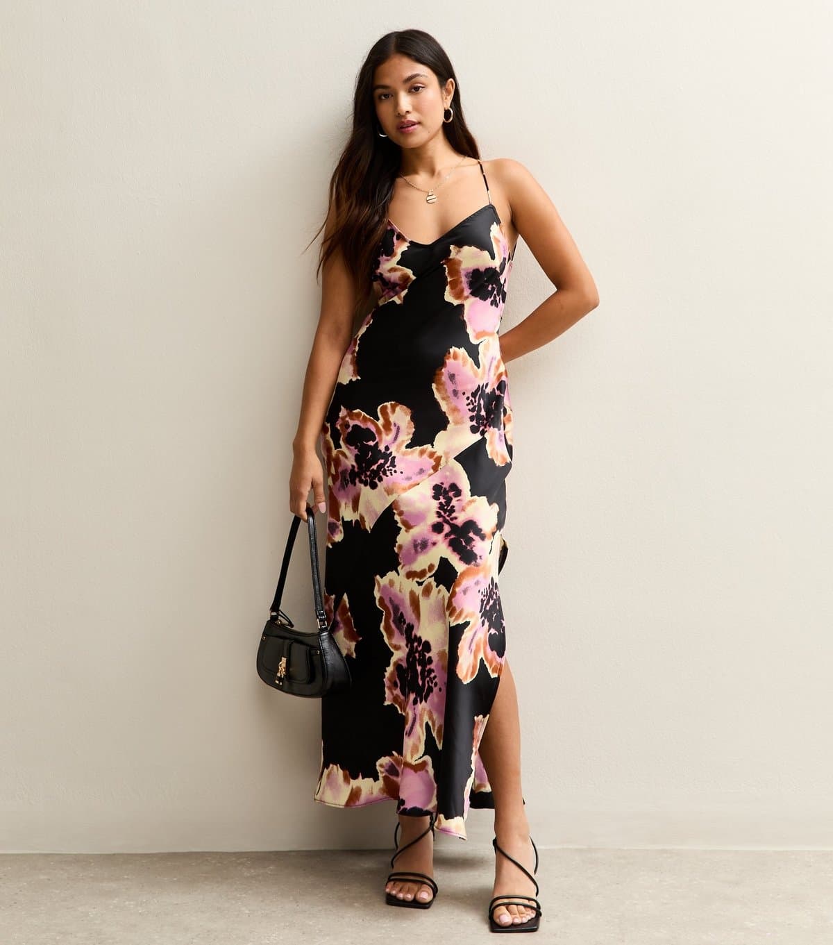 New Look Women's Petite Black Satin Floral Print Low Back Maxi Dress New Look
