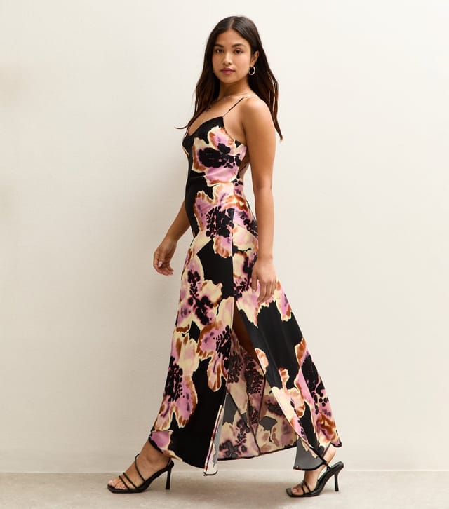 New Look Women's Petite Black Satin Floral Print Low Back Maxi Dress New Look - 3