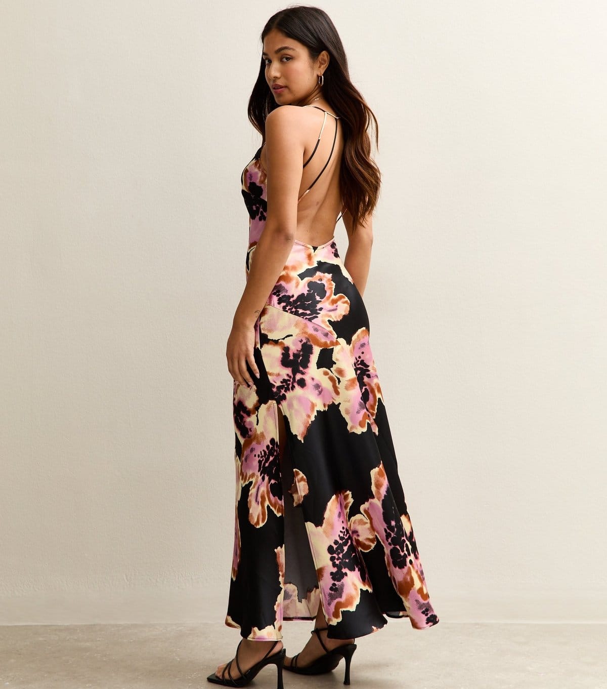 New Look Women's Petite Black Satin Floral Print Low Back Maxi Dress New Look - 4