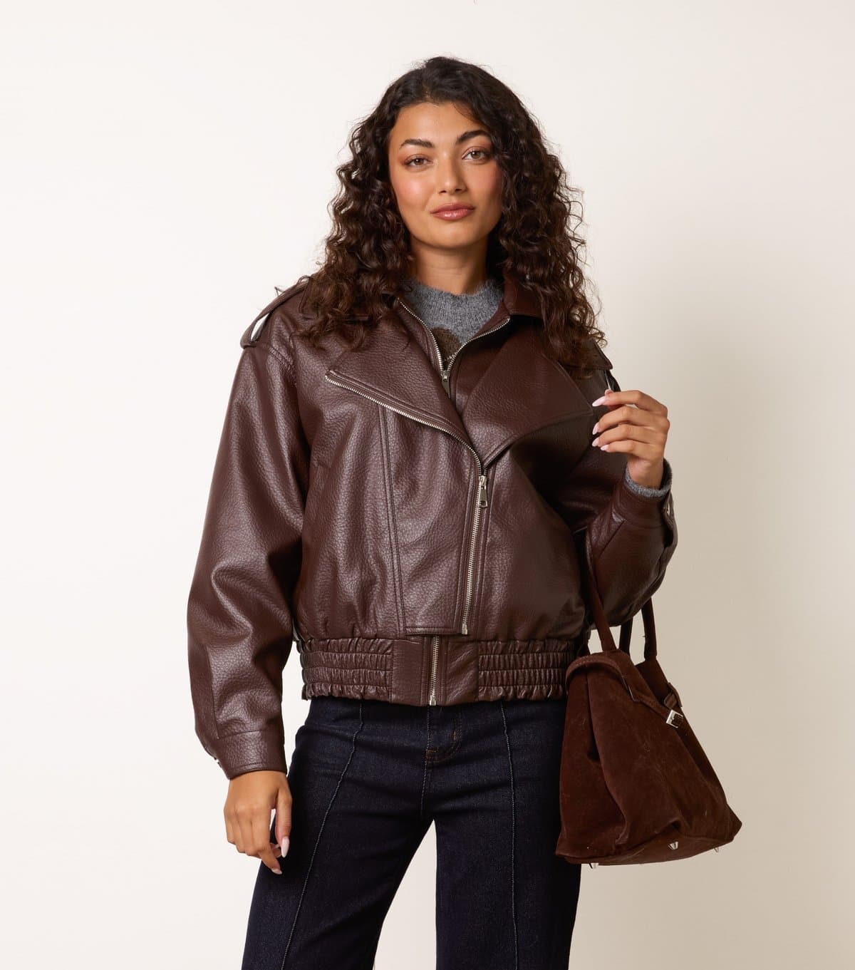 Blue Vanilla Women's Dark Brown Faux Leather Double Zip Oversized Jacket Blue Vanilla New Look