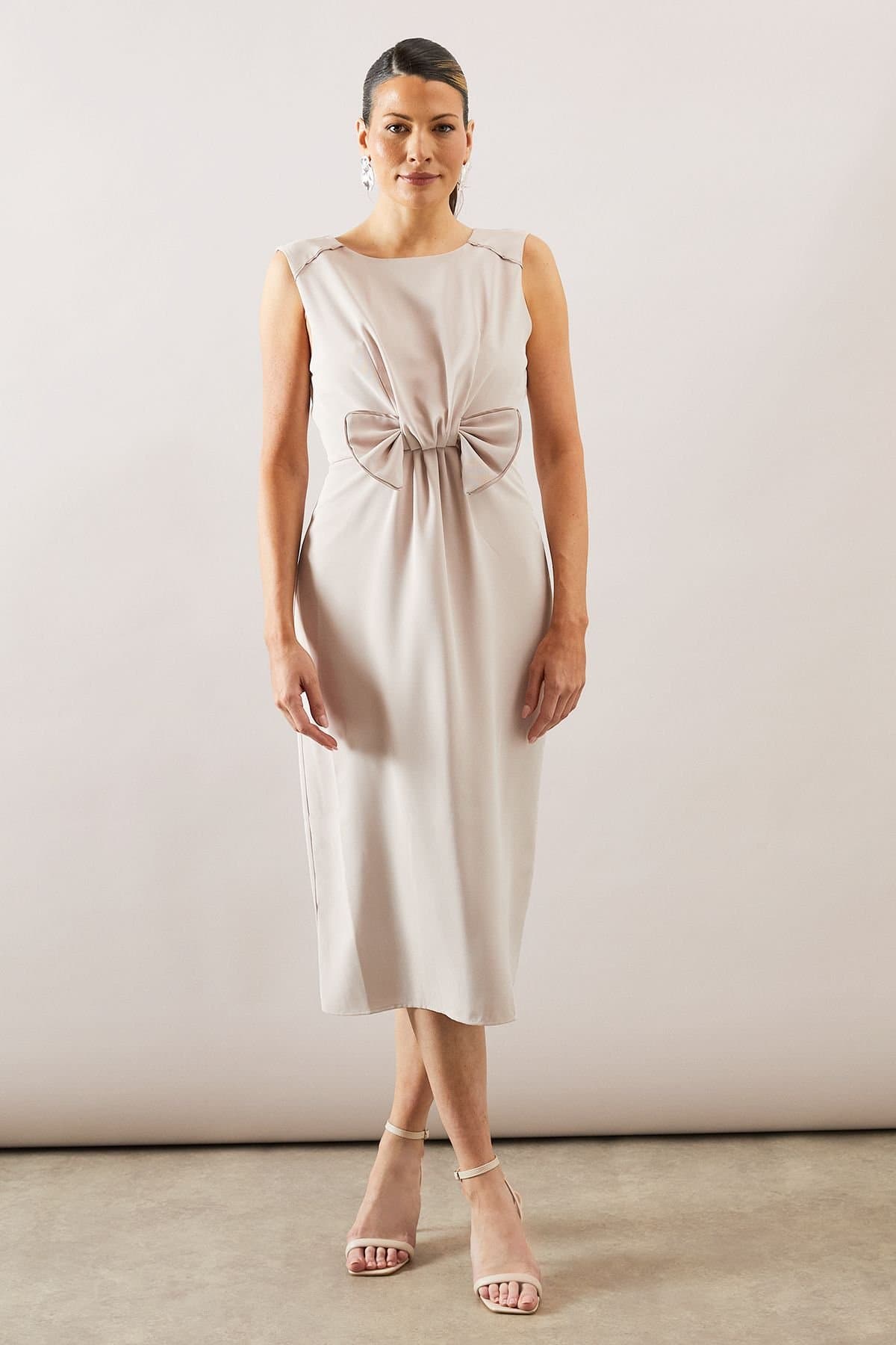 Wallis Wallis Women's Occasion Tailored Bow Pencil Midi Dress in Stone