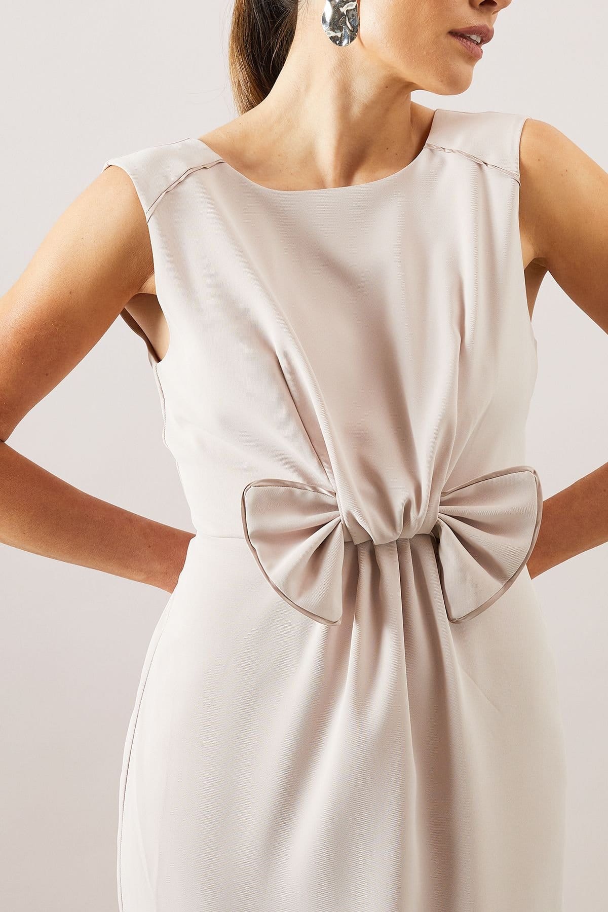 Wallis Wallis Women's Occasion Tailored Bow Pencil Midi Dress in Stone - 4