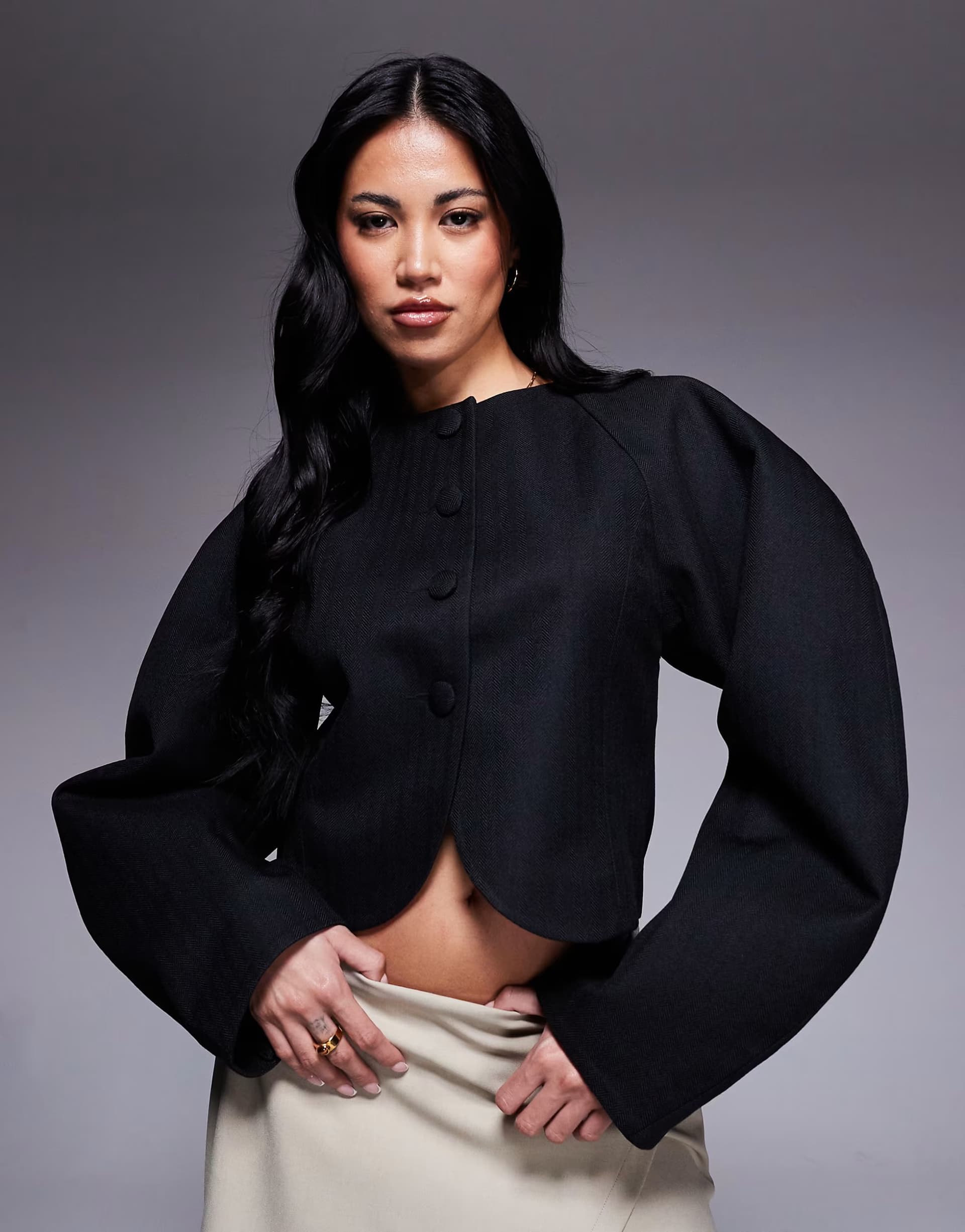 ASOS ASOS DESIGN herringbone cocoon sleeve cropped blazer in black