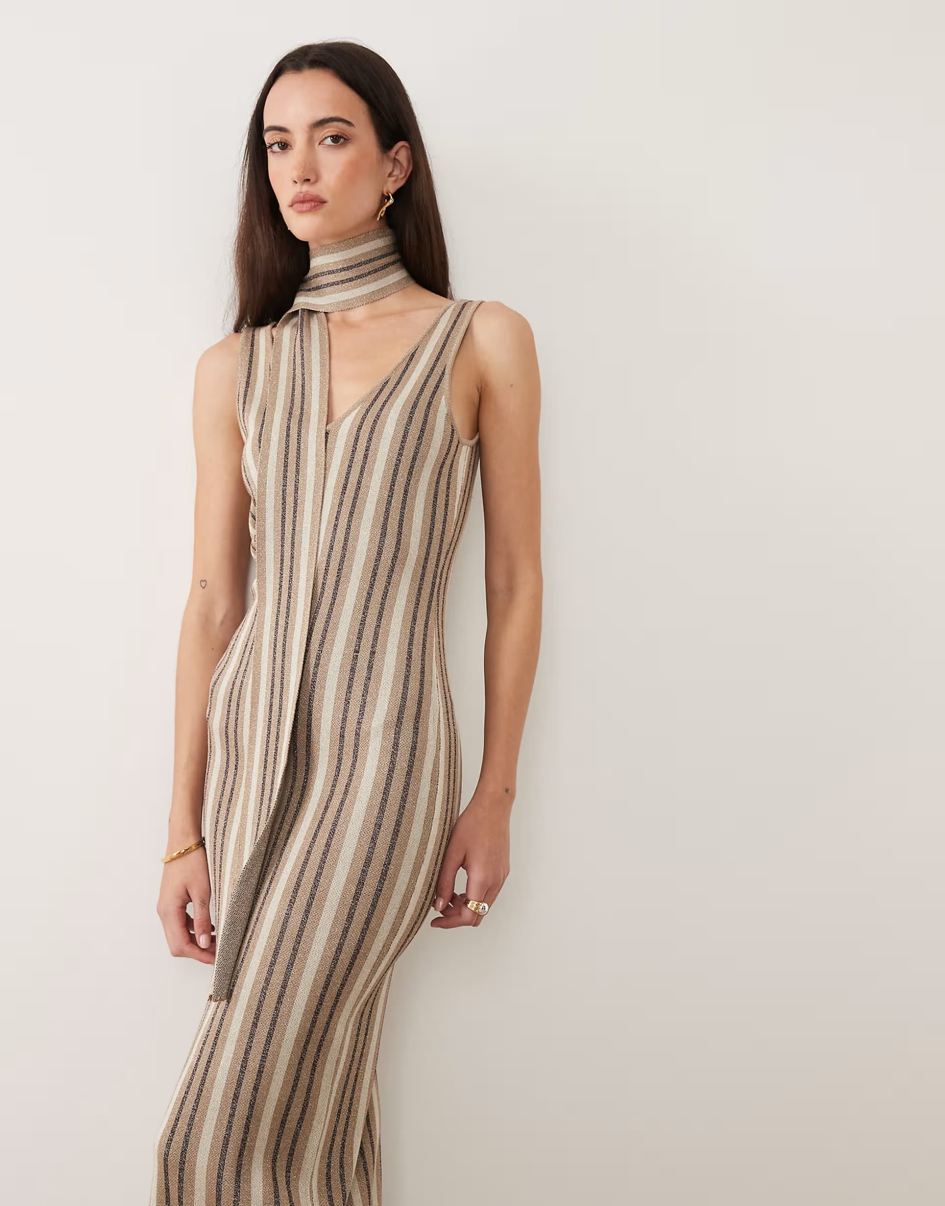 ASOS Pretty Lavish Tierra sparkle stripe knit maxi dress with scarf in multi shimmer stripe