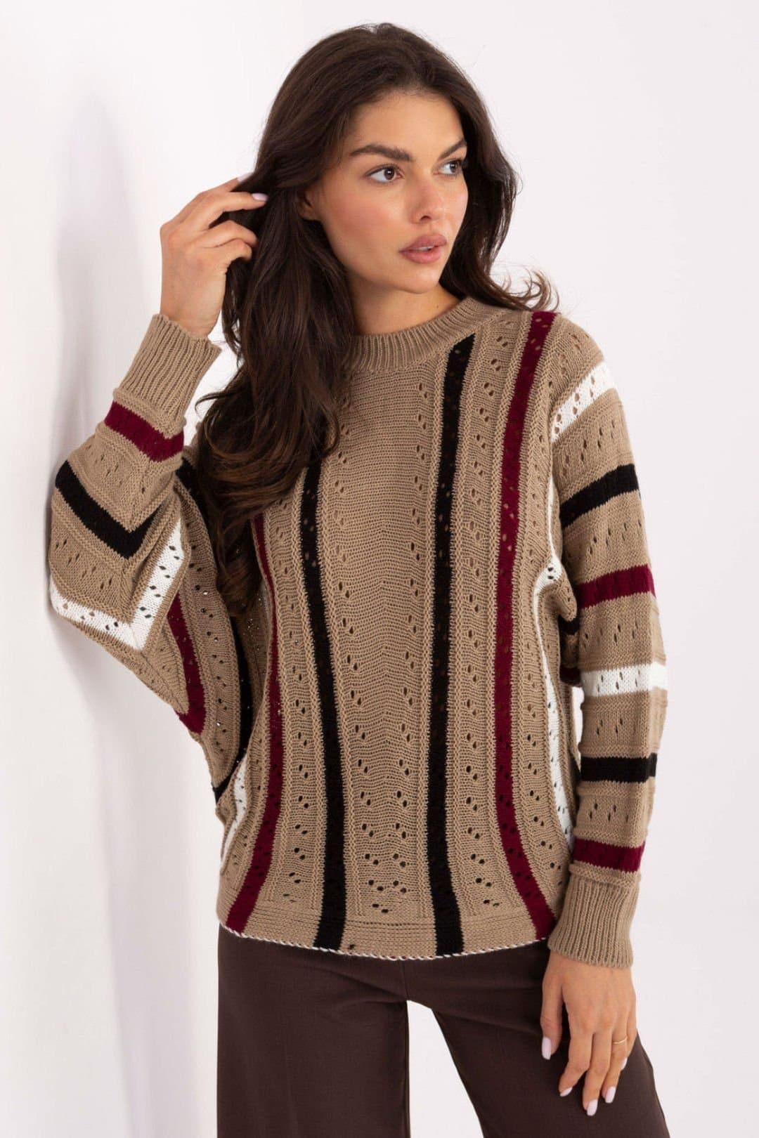 Love Lace Love Lace Women's Oversized Openwork Striped Acrylic Sweater in Beige