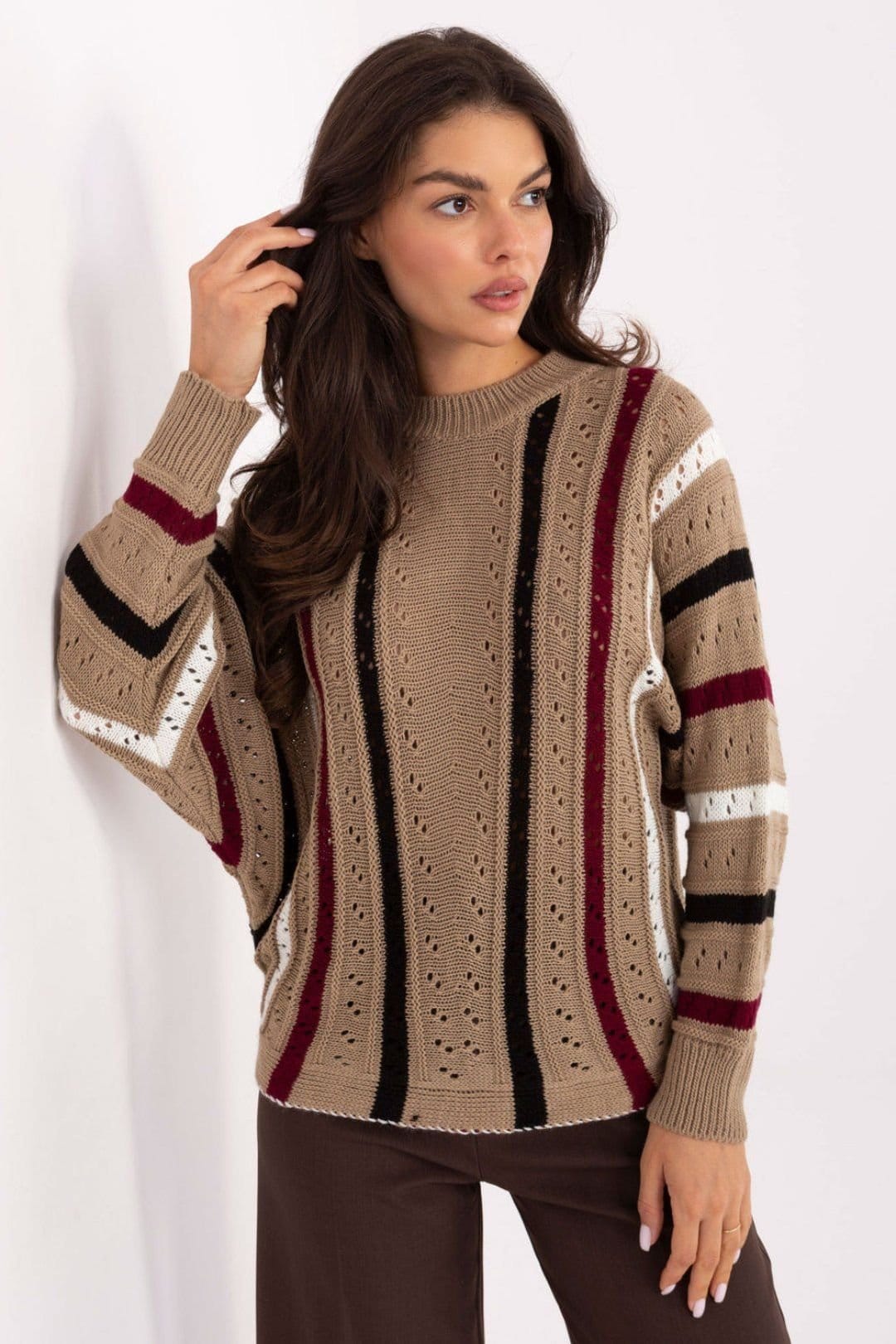 Love Lace Beige Oversized Striped Acrylic Sweater