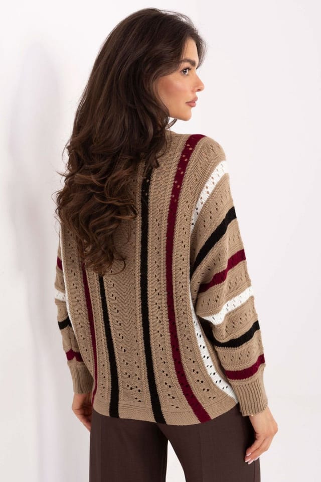 Love Lace Love Lace Women's Oversized Openwork Striped Acrylic Sweater in Beige - 3