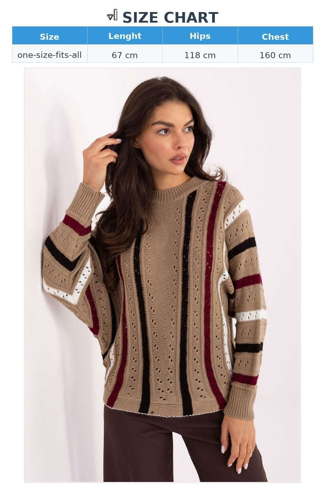 Love Lace Love Lace Women's Oversized Openwork Striped Acrylic Sweater in Beige - 4