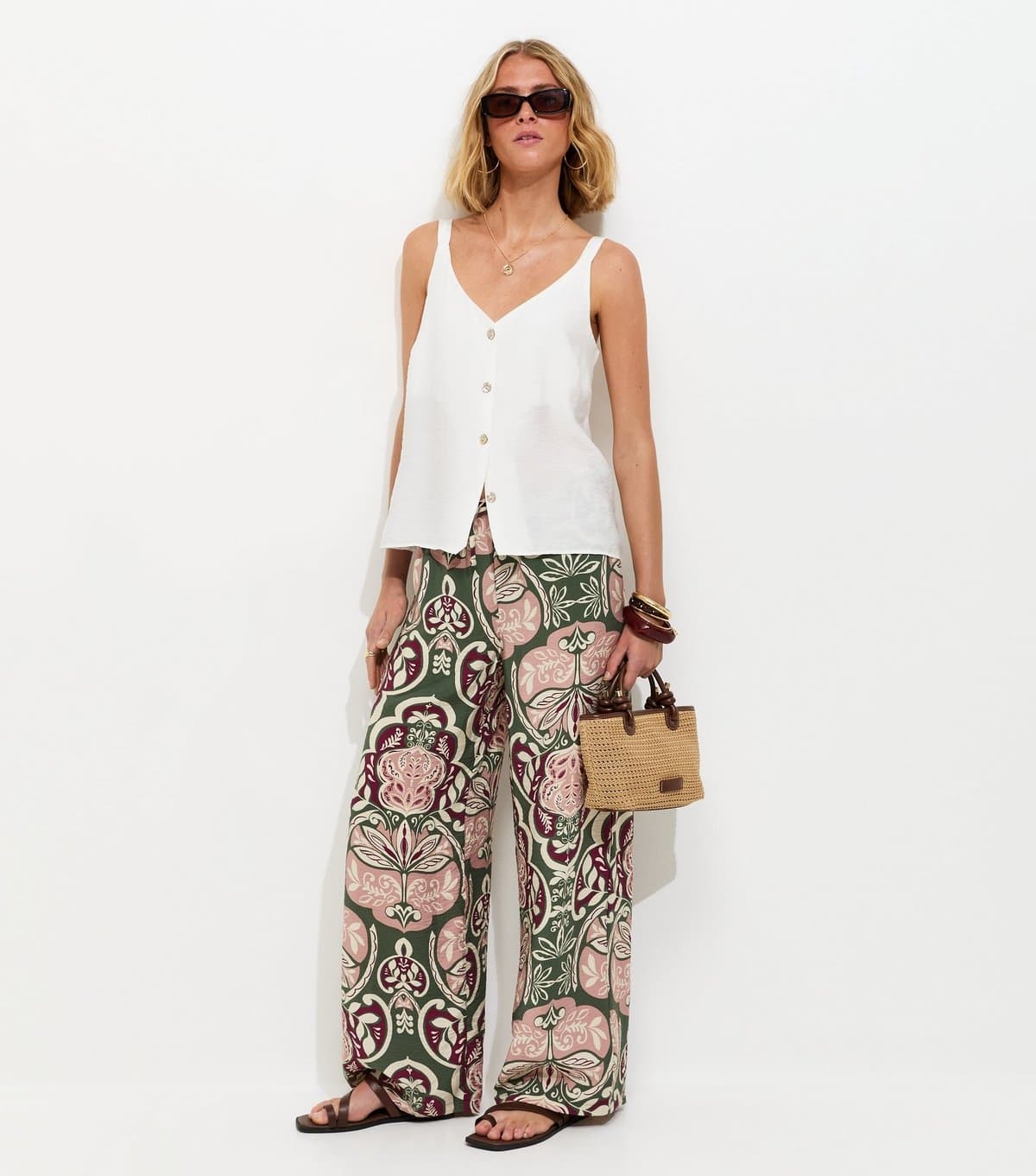New Look Women's Green Folk Print Wide Leg Trousers New Look