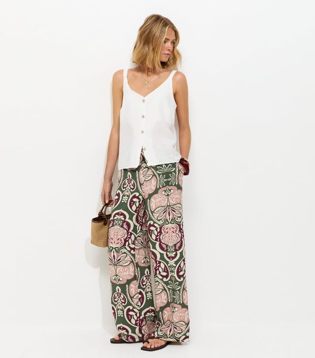 New Look Women's Green Folk Print Wide Leg Trousers New Look - 3