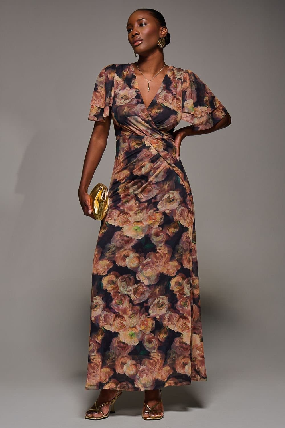 Jolie Moi Jolie Moi Women's Angel Sleeve Draped Mesh Maxi Dress in Burnt Orange