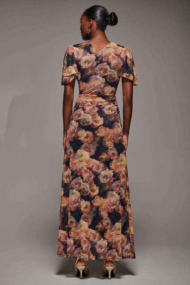 Jolie Moi Jolie Moi Women's Angel Sleeve Draped Mesh Maxi Dress in Burnt Orange - 2