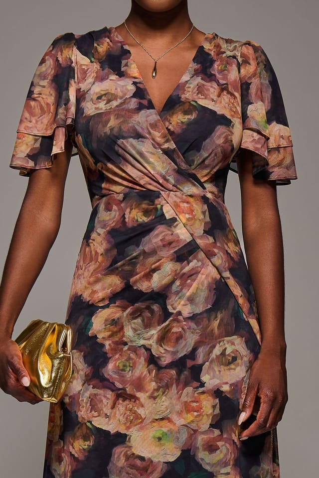 Jolie Moi Jolie Moi Women's Angel Sleeve Draped Mesh Maxi Dress in Burnt Orange - 3