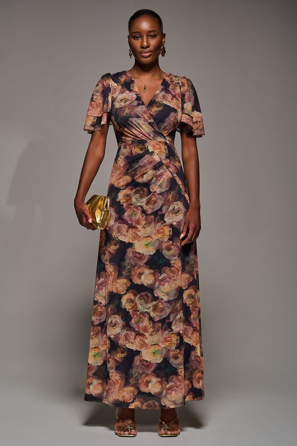 Jolie Moi Jolie Moi Women's Angel Sleeve Draped Mesh Maxi Dress in Burnt Orange - 4