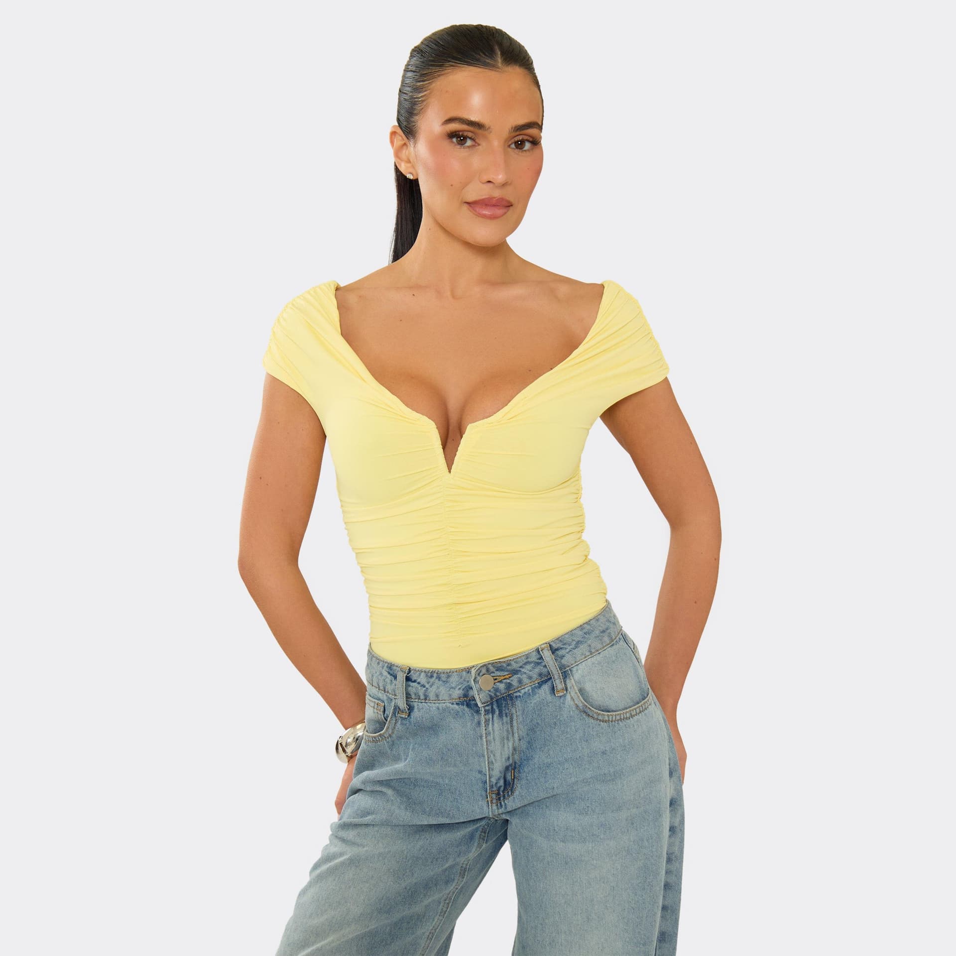 EGO Off The Shoulder Ruched Bodysuit In Lemon, Women's Size UK L