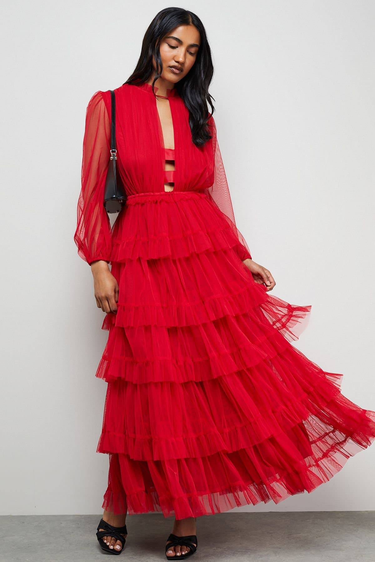 Warehouse Warehouse Women's Ruffle Neck Tulle Maxi Dress in Red